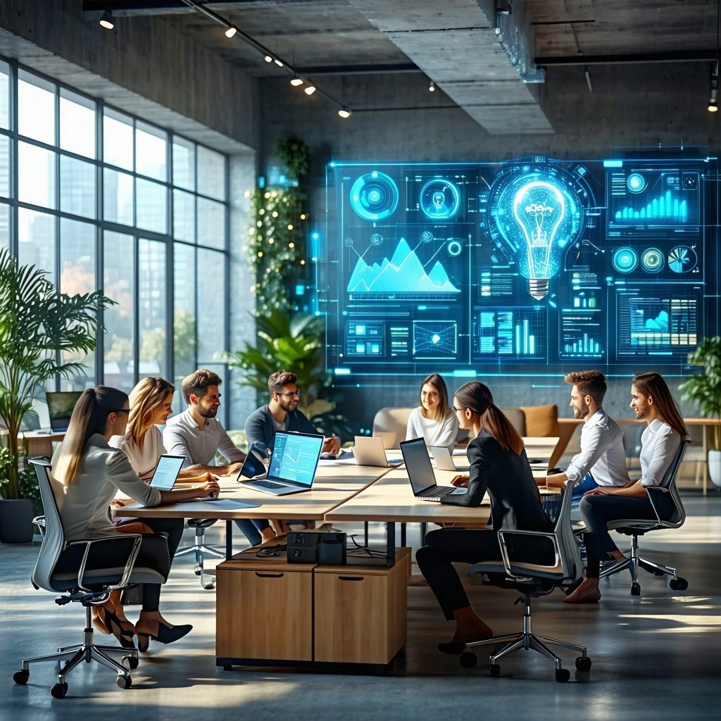 The image depicts a sleek modern office environment with an open layout Bright natural light filters through large windows illuminating a collaborative workspace filled with diverse employees engaged in discussions around a central table Laptops and